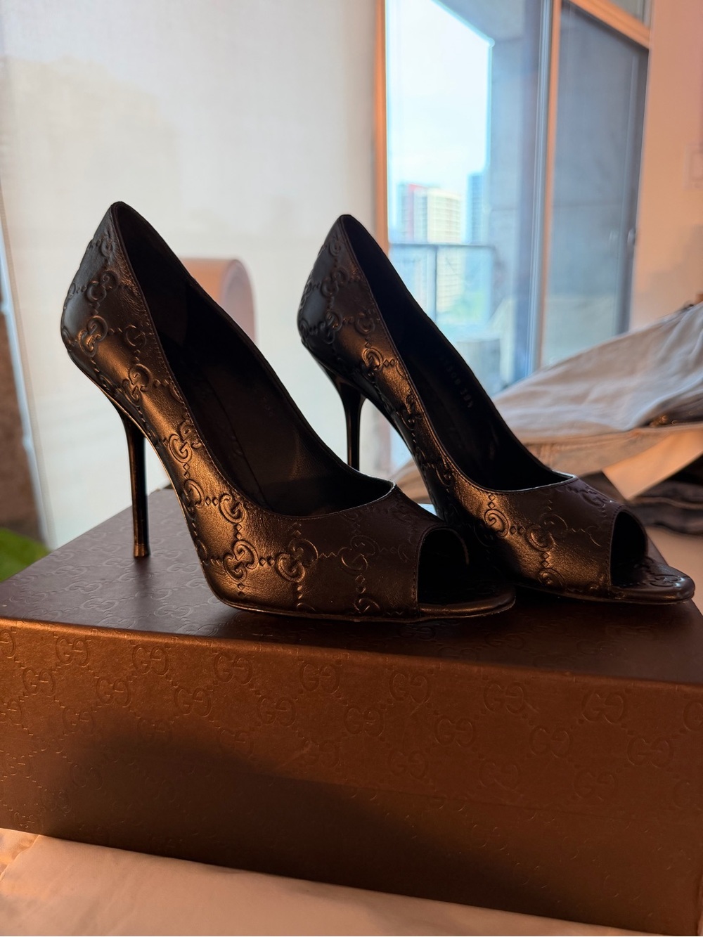 Gucci Black Embossed Leather Peep-Toe Stiletto Heels
